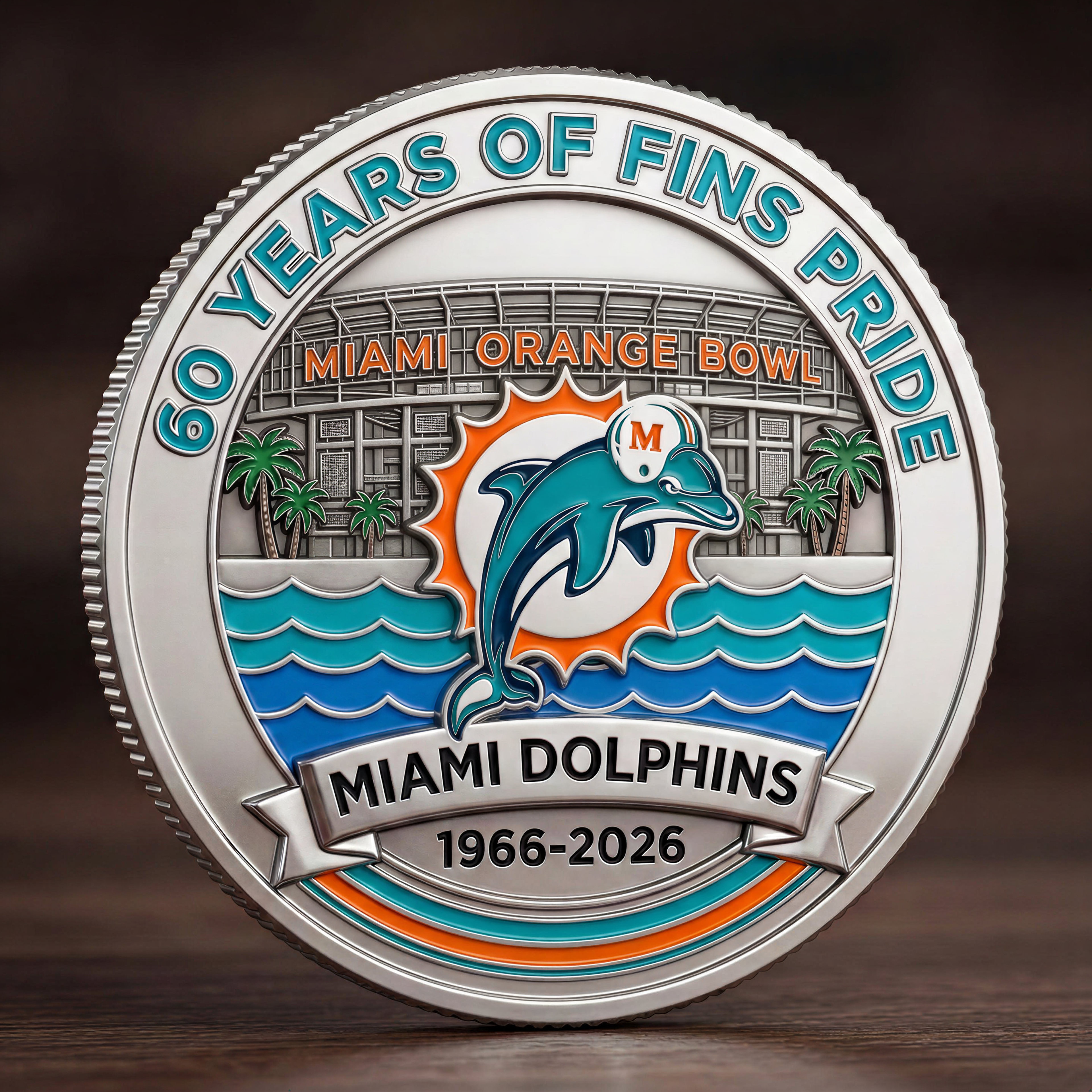 🔥Last Day 50% OFF 🔥🐬 Classic '97-'12 Logo Back! Miami Dolphins 60th Anniversary Commemorative Coin (1966-2026)