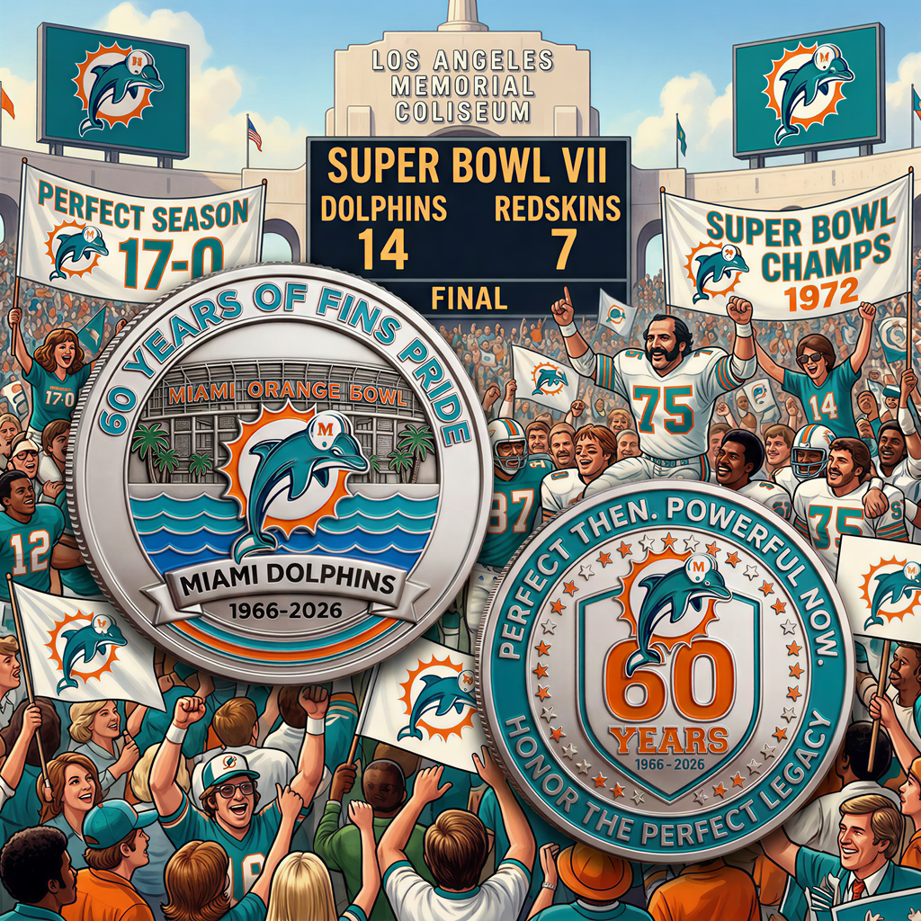 🔥Last Day 50% OFF 🔥🐬 Classic '97-'12 Logo Back! Miami Dolphins 60th Anniversary Commemorative Coin (1966-2026)