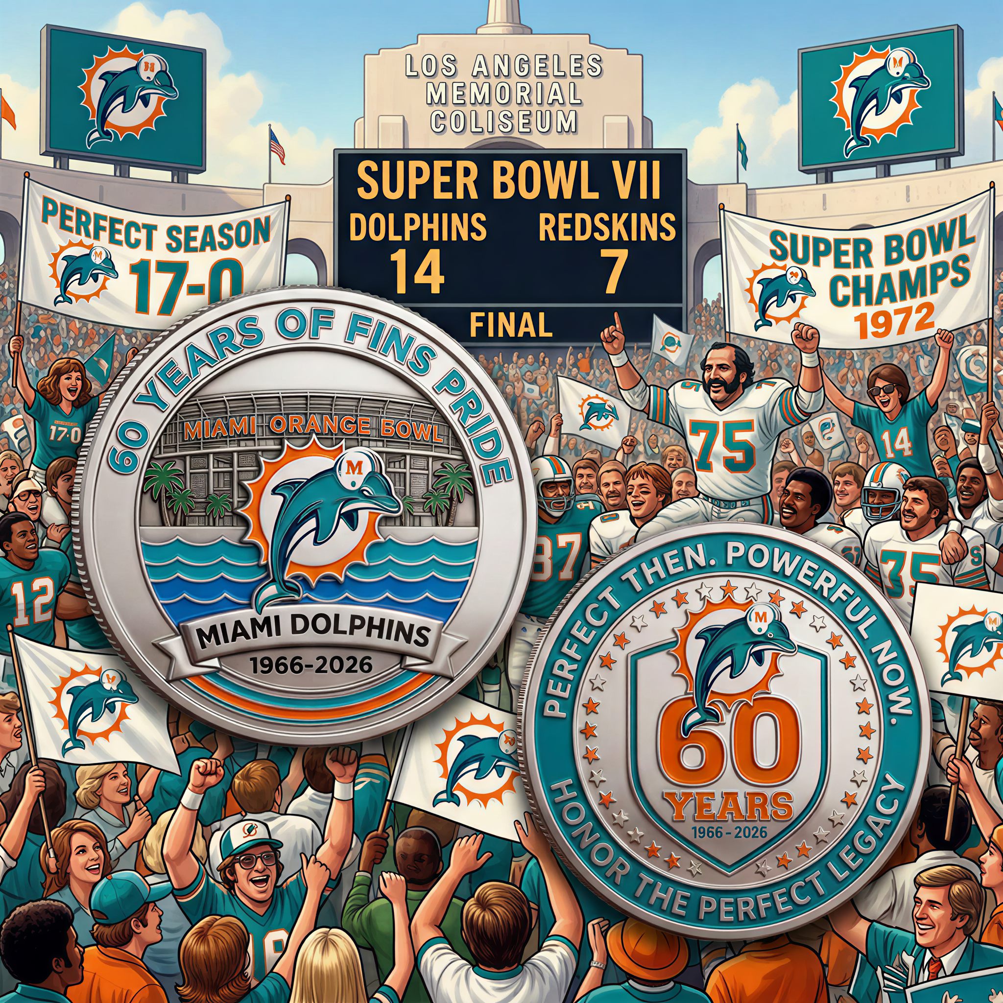 🔥Last Day 50% OFF 🔥🐬 Classic '97-'12 Logo Back! Miami Dolphins 60th Anniversary Commemorative Coin (1966-2026)
